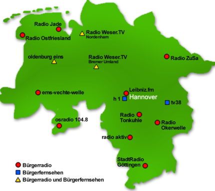 Übersicht der Bürgersender auf der Landkarte Niedersachsens