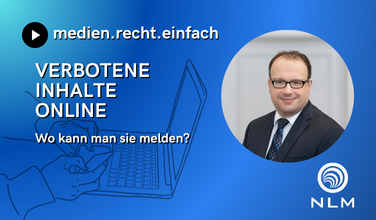 YouTube Short auf Kanal "medien.recht.einfach" mit Text "Verbotene Inhalte online - Wo kann man sie melden?" und einem Bild von Prof. Christian Krebs LL.M., Direktor der NLM