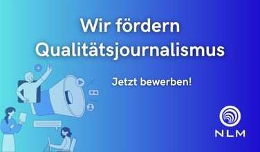 Grafik mit Text: Wir fördern Qualitätsjournalismus! - Jetzt bewerben