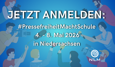 Grafik zur Aktionswoche #PressefreiheitMachtSchule, die vom 4. bis 8. Mai stattfindet. Schulen können sich ab sofort anmelden.